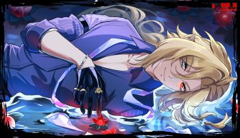 1boy bicep_strap black_gloves blonde_hair blue_eyes blue_necktie closed_mouth collarbone commentary earrings english_commentary gloves gold_ring hair_between_eyes half_gloves heterochromatic_eyewear highres hugo_vlad in_water jewelry light_smile lkari_shi long_hair looking_at_viewer lying male_focus multiple_rings necktie on_side partially_unbuttoned pointy_ears purple_shirt red_eyes ring shirt sideways sleeves_rolled_up solo tinted_eyewear twitter_username undone_necktie zenless_zone_zero