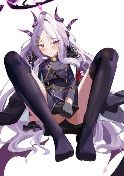 1boy absurdres ahoge ass black_coat black_gloves black_halo black_skirt black_thighhighs blue_archive breasts coat coat_on_shoulders demon_girl demon_horns demon_wings gloves halo highres hina_(blue_archive) hno3_3hcl horns long_hair looking_at_viewer low_wings purple_eyes sitting skirt small_breasts solo thighhighs very_long_hair white_hair wings