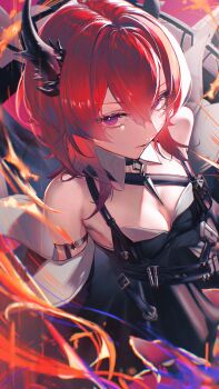 1girl absurdres arknights arknights:_endfield bare_shoulders belt belt_buckle black_dress breasts buckle cleavage detached_collar dress fire highres horns laevatein_(arknights) long_hair long_sleeves looking_at_viewer looking_up medium_breasts off_shoulder parted_lips purple_eyes red_hair slit_pupils solo surtr_(arknights) xi-u