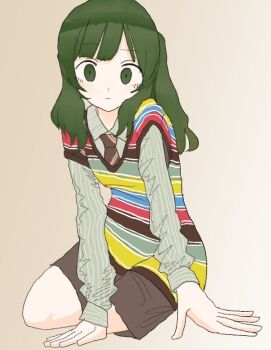 1girl arm_support black_shorts expressionless full_body gradient_background green_eyes green_hair green_shirt long_hair looking_at_viewer multicolored_vest necktie original shirt shorts sitting sk76376502 solo striped_clothes striped_necktie striped_shirt striped_sweater_vest yokozuwari