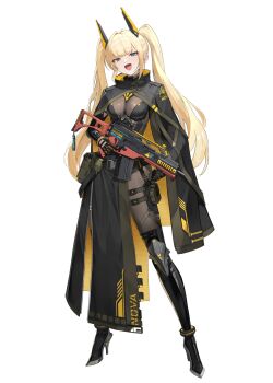 1girl absurdres ammunition_pouch anklet assault_rifle belt black_belt black_boots black_cloak black_gloves blonde_hair blue_eyes bodystocking boots breasts cloak fang finger_on_trigger full_body furrowed_brow geulemaen gloves gun h&amp;k_g36c high_collar high_heel_boots high_heels highres holding holding_gun holding_weapon horns jewelry knee_boots long_hair looking_at_viewer mechanical_horns medium_breasts open_mouth optical_sight original pouch rifle simple_background skin_fang smile solo standing tachi-e techwear thigh_pouch thigh_strap twintails two-sided_cloak two-sided_fabric two-tone_cloak very_long_hair weapon white_background yellow_cloak zipper zipper_pull_tab