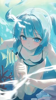 1girl :t absurdres arahashi_tabi bare_shoulders bikini black_bikini blue_eyes blue_hair breasts closed_mouth commentary_request fish freediving gluteal_fold highres korean_commentary long_hair looking_at_viewer medium_breasts moly_(molyy0218) navel solo stellive stomach string_bikini swimsuit thighs twintails underwater virtual_youtuber