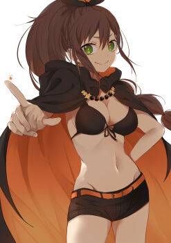 1girl absurdres bikini bikini_top_only black_bikini black_shorts braid breasts brown_hair cleavage commentary_request cowboy_shot extra_pupils green_eyes hand_on_own_hip highres kobati large_breasts long_hair looking_at_viewer navel ponytail re:zero_kara_hajimeru_isekai_seikatsu shaula_(re:zero) shorts simple_background smile solo stomach swimsuit white_background