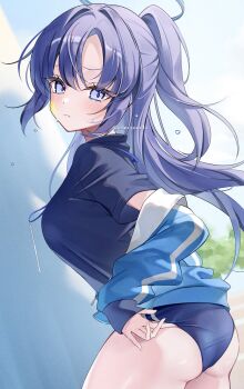 Rule 34 | 1girl, annoyed, ass, black halo, black shirt, blue archive, blue buruma, blue eyes, blue hair, blue jacket, breasts, buruma, closed mouth, commentary, cowboy shot, dark blue hair, flying sweatdrops, from side, gym uniform, hair between eyes, halo, highres, id card, jacket, lanyard, large breasts, long hair, looking at viewer, mechanical halo, mizupuruta, off shoulder, official alternate costume, one side up, outdoors, parted bangs, shirt, short sleeves, solo, standing, symbol-only commentary, twitter username, yuuka (blue archive), yuuka (track) (blue archive)