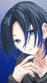 Rule 34 | 1girl, absurdres, black hair, black sweater, blue background, blue eyes, blue hair, commentary request, earclip, gradient background, gradient hair, grey background, grey jacket, highres, hiodoshi ao, hololive, hololive dev is, jacket, looking at viewer, medium hair, mole, mole under mouth, multicolored hair, open mouth, solo, sweater, u da desu, v-neck, virtual youtuber, wolf cut