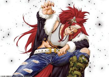 1girl animal_ears belt boots commentary_request crop_top debris denim ear_ornament fishnet_top fishnets fur-trimmed_jacket fur_trim horse_ears horse_girl horse_tail jacket jeans knee_boots kuzumi_taiyou long_hair long_sleeves looking_at_viewer multicolored_hair official_art open_clothes open_jacket pants piercing red_hair red_nails sharp_teeth solo stomach tail tank_top teeth thief_crow_(umamusume) tongue_piercing torn_clothes torn_jeans torn_pants umamusume umamusume:_cinderella_gray white_background white_belt white_tank_top yellow_eyes