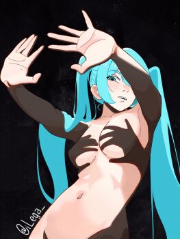 1girl aqua_eyes aqua_hair black_background breasts collarbone commentary hand_shadow_covering_breasts_(meme) hatsune_miku highres ilega long_hair looking_at_viewer meme navel nipples out-of-frame_censoring outstretched_arms parted_lips simple_background topless_female twitter_username very_long_hair vocaloid
