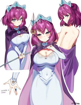 1girl absurdres afterimage bare_back breasts breath cape character_name cleavage coin coin_on_string commentary_request covered_navel crown ddg160 dress empty_eyes henrietta_de_tristain highres hypnosis jewelry large_breasts long_sleeves looking_at_object mind_control multiple_views pendulum profile purple_cape purple_hair ring seductive_smile sideboob sideways_glance simple_background smile sweatdrop twitter_username white_background white_dress zero_no_tsukaima