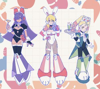 3girls alia_(mega_man) animal_ears black_leotard black_thighhighs blonde_hair braid breasts carrot cleavage cup dark-skinned_female dark_skin detached_hair fake_animal_ears fishnet_pantyhose fishnets full_body group_picture hair_over_eyes highres holding holding_cup holding_tray layer_(mega_man) leotard medium_breasts medium_hair mega_man_(series) mega_man_x8 mega_man_x_(series) multiple_girls pallette_(mega_man) pantyhose playboy_bunny purple_hair rabbit_ears robot_girl saku_kinou thighhighs tray twintails white_background white_leotard