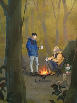 2boys black_hair black_shoes blonde_hair blue_coat blue_pants boots brown_boots campfire camping camping_chair chair coat commentary_request contemporary cup erwin_smith folding_chair forest full_body fur-trimmed_coat fur_trim grey_pants highres holding holding_cup kasagana_i lantern levi_(shingeki_no_kyojin) looking_at_another male_focus multiple_boys nature outdoors pants parted_bangs shingeki_no_kyojin shoes short_hair sitting smile steaming_cup tent yellow_coat