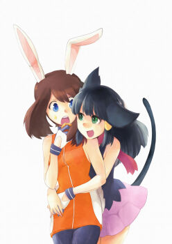 00s 2girls animal_ears bad_id bad_pixiv_id bare_shoulders bike_shorts black_hair blue_eyes brown_hair cat_ears cat_girl cat_tail dawn_(pokemon) earrings eating fang female_focus food gloves green_eyes happy hug hug_from_behind jewelry kemonomimi_mode kikikiku long_hair looking_at_another may_(pokemon) may_(pokemon_emerald) multiple_girls nintendo no_headwear open_mouth pokemon pokemon_rse rabbit_ears rabbit_tail scarf shirt short_hair shy simple_background skirt sleeveless sleeveless_shirt smile surprised tail white_background yuri