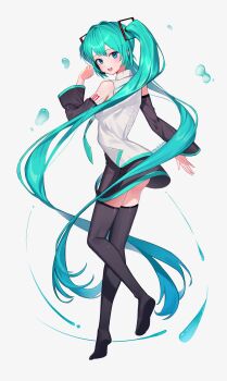 Rule 34 | 1girl, absurdres, aqua eyes, aqua hair, aqua necktie, aqua trim, arm tattoo, black skirt, black thighhighs, blush, breasts, collared shirt, commentary request, detached sleeves, ekah96, full body, grey background, hair between eyes, hair ornament, hatsune miku, headset, highres, long sleeves, looking at viewer, looking back, necktie, number tattoo, open mouth, shirt, simple background, skirt, sleeveless, sleeveless shirt, small breasts, smile, solo, tattoo, thighhighs, tie clip, vocaloid, white shirt, wide sleeves, zettai ryouiki