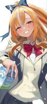 Rule 34 | 1girl, absurdres, black jacket, black skirt, blonde hair, bow, bowtie, contrapposto, drink carton, grin, hair bow, hashtag-only commentary, head tilt, high ponytail, highres, holding, holding milk carton, hololive, hood, hood down, hooded jacket, jacket, long hair, long sidelocks, looking at viewer, milk carton, multicolored hair, nayuyu1105, official alternate costume, orange eyes, overexposure, pleated skirt, pointy ears, ponytail, red bow, red bowtie, school uniform, shiraken! shiranai koto kenkyukai, shiranui flare, sidelocks, simple background, skirt, smile, solo, streaked hair, upper body, virtual youtuber, white background, white streaks, yellow jacket