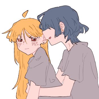2girls ahoge blonde_hair blue_hair blush bocchi_the_rock! closed_mouth commentary_request earrings firstsinneruni grey_shirt highres hug hug_from_behind ijichi_nijika jewelry long_hair multiple_girls parted_lips red_eyes shirt short_hair short_sleeves simple_background stud_earrings white_background yamada_ryo yuri