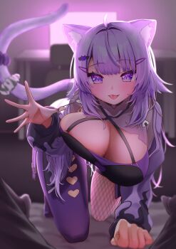 1girl :3 absurdres ahoge animal_collar animal_ear_fluff animal_ears asymmetrical_legwear black_collar blurry blurry_background breasts cat_ears cat_girl cat_tail chair cleavage collar commentary_request computer crop_top fishnet_thighhighs fishnets food-themed_hair_ornament food_print hair_ornament hairclip heart heart_collar heart_print highres hololive jacket large_breasts long_hair long_sleeves looking_at_viewer mismatched_legwear nekomata_okayu nekomata_okayu_(personya_respect) official_alternate_costume official_alternate_hairstyle onigiri_ornament open_mouth pov pulling_own_clothes purple_eyes purple_hair purple_jacket purple_thighhighs sasatake single_fishnet_legwear smile table tail tail_ornament thighhighs tongue virtual_youtuber