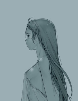 Rule 34 | 1girl, blue theme, branch (blackrabbits), breasts, commentary request, from side, halterneck, kantai collection, lingerie, long hair, looking away, monochrome, perky breasts, profile, samidare (kancolle), see-through clothes, sideboob, simple background, small breasts, solo, strap gap, underwear, upper body, white background