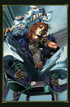 1boy araki_hirohiko belt bone boots bracelet dio_brando ear_piercing feathers hand_on_own_face highres jewelry jojo_no_kimyou_na_bouken nail_polish official_art orange_hair piercing pointed_footwear stand_(jojo) stardust_crusaders teeth the_world_(stand) upper_teeth_only