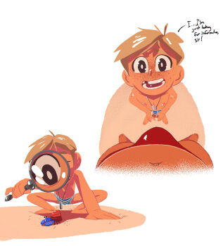 2boys absurdres anonanim blonde_hair blue_male_swimwear body_freckles bulge child commentary crab english_commentary freckles freddie_zasterbell_(anonanim) hand_on_ground highres looking_at_viewer looking_up magnifying_glass male_swimwear missing_tooth multiple_boys multiple_views nipples open_mouth original pov red_male_swimwear sand shoulder_freckles simple_background smile solo_focus squatting striped_male_swimwear swim_briefs topless_male whistle whistle_around_neck white_background