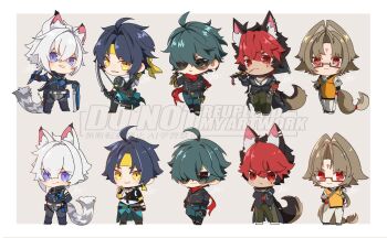 5boys ahoge animal_ear_fluff animal_ears armor arms_behind_back asaba_harumasa asymmetrical_gloves black_gloves black_hair black_necktie black_pants bow_(weapon) brown_hair cat_boy chibi chibi_only chinese_clothes closed_mouth clothes_around_waist collar commentary_request dog_boy dog_ears dog_tail ear_piercing facial_mark forehead_mark glasses gloves green_eyes green_hair green_pants grey_background hair_between_eyes hair_intakes headband highres holding holding_bow_(weapon) holding_sword holding_weapon jacket komano_manato leaf_in_mouth leather leather_jacket lighter_(zenless_zone_zero) long_tail looking_at_viewer looking_over_eyewear male_focus mismatched_gloves multicolored_hair multiple_boys multiple_views necktie no910_zzz open_mouth over_shoulder pants parted_bangs parted_lips partially_fingerless_gloves piercing police police_uniform policeman purple_eyes red_bandage red_eyes red_hair red_pupils red_scarf scar scar_across_eye scar_on_face scarf seth_lowell shirt short_hair shoulder_armor shoulder_spikes smile spiked_jacket spikes standing sunglasses sword tail weapon weapon_over_shoulder white_hair white_pants white_shirt white_tail ye_shiyuan yellow_eyes yellow_gloves yellow_headband zenless_zone_zero
