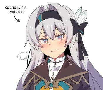 1girl @_@ arrow_(symbol) black_hairband black_jacket blush english_text firefly_(honkai:_star_rail) grey_hair hairband head_tilt higher_resolution_available highres hinghoi honkai:_star_rail honkai_(series) jacket long_hair shirt simple_background smile solo very_long_hair white_background white_shirt