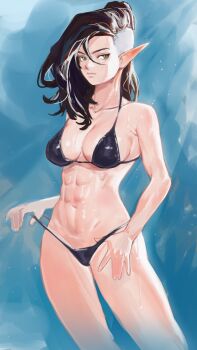 1girl abs annie_lyce asymmetrical_hair bikini bikini_bottom_pull black_hair blue_background blue_bikini breasts closed_mouth collarbone commentary cowboy_shot english_commentary eyelashes green_eyes highres long_hair original pointy_ears shiny_skin sidecut solo stomach swimsuit toned toned_female undercut