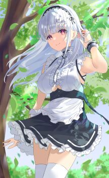 1girl absurdres anchor_choker apron azur_lane bare_shoulders black_hairband breasts center_frills choker clothing_cutout commentary_request cowboy_shot day dido_(azur_lane) earrings frilled_choker frills hairband hand_in_own_hair heart heart_earrings highres jewelry large_breasts light_smile long_hair looking_at_viewer outdoors purple_eyes roughllaugh solo thighhighs tree underboob underboob_cutout variant_set waist_apron white_apron white_hair white_thighhighs zettai_ryouiki