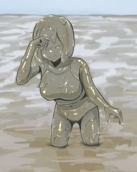 1girl breasts highres huge_breasts legs mud ohnm_ud one-piece_swimsuit one_eye_closed slovenly solo swimsuit thighs