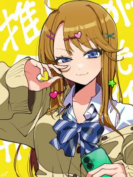 1girl :3 ahoge blue_bow blue_bowtie blue_eyes bow bowtie brown_hair cardigan cellphone collarbone commentary_request concept_gyarus_(idolmaster) diagonal-striped_bow diagonal-striped_bowtie diagonal-striped_clothes dress_shirt fingernails gyaru hair_ornament hairpin heart heart_hair_ornament highres holding holding_phone idolmaster idolmaster_million_live! kogal long_hair long_sleeves looking_at_viewer nail_polish open_collar phone school_uniform shirt smartphone solo star_(symbol) star_hair_ornament straight_hair striped_bow striped_bowtie striped_clothes t3_(t3only) text_background tokoro_megumi translation_request upper_body very_long_hair white_shirt yellow_background yellow_cardigan