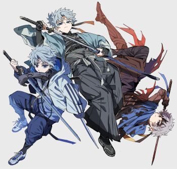 Rule 34 | aqua haori, bandaged foot, bandaged leg, bandages, black hakama, black headband, black jacket, black kimono, black pants, blue eyes, burnt clothes, cloak, facial mark, fate/grand order, fate (series), full body, hakama, hakama pants, haori, headband, highres, holding, holding sword, holding weapon, jacket, japanese clothes, katana, kimono, long sleeves, multicolored jacket, pants, prosthesis, prosthetic arm, prosthetic leg, prosthetic sword, scar, scar on face, scar on forehead, sheath, shoes, sword, toramaru (696anna), torn cloak, torn clothes, toudou heisuke (fate), toudou heisuke (second ascension) (fate), toudou heisuke (third ascension) (fate), triple vertical stripe, two-tone jacket, unsheathed, unsheathing, waraji, weapon, white hair, white jacket, white shoes