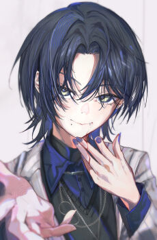 Rule 34 | 1girl, absurdres, black sweater, blood, blood on face, blood on hands, blue hair, blue nails, blue shirt, bra, collared shirt, commentary, dress shirt, english commentary, fang, grey bra, grey jacket, hair between eyes, highres, hiodoshi ao, hiodoshi ao (1st costume), hololive, hololive dev is, jacket, long hair, long sleeves, medium hair, mole, mole under mouth, nadenadesuki, nail polish, parted bangs, shirt, solo, sweater, underwear, upper body, vampire, virtual youtuber