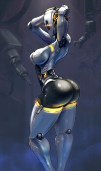 1girl arms_up ass bald bald_female breasts cutesexyrobutts female_focus glados highres joints large_breasts machinery neon_trim no_nipples one-eyed personification portal portal_(series) portal_1 portal_2 robot robot_joints solo yellow_eyes