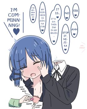 1girl black_jacket blue_hair bocchi_the_rock! cum dickneck disembodied_head dullahan egg_vibrator ejaculation english_text hair_ornament hairclip hands_on_own_cheeks hands_on_own_face handsfree_ejaculation jacket jbxpism misplaced_genitals penis_neck sex_toy shirt simple_background solo speech_bubble uncensored vibrator what white_background white_shirt yamada_ryo yellow_eyes