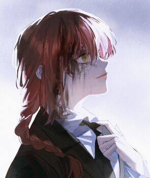 1girl black_jacket black_necktie blood blood_in_hair blood_on_face braid braided_ponytail chainsaw_man closed_mouth collared_shirt from_side hair_over_shoulder highres jacket long_hair makeup makima_(chainsaw_man) muyi_zi necktie portrait profile red_hair runny_makeup shirt smile solo white_background white_shirt yellow_eyes