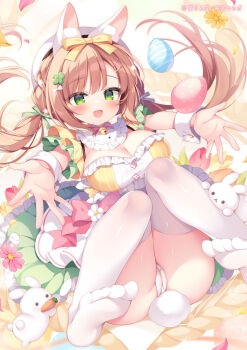 1girl :d animal_ear_fluff animal_ears bell blush bow bowtie breasts brown_hair cameltoe cleavage commentary_request dress easter easter_egg egg full_body green_eyes hair_bow hat highres kirimiya_tsurugi knees_up large_breasts long_hair neck_bell no_shoes open_mouth original panties pink_bow pink_bowtie rabbit rabbit_ears rabbit_girl rabbit_tail short_sleeves smile solo tail thighhighs twintails underwear white_dress white_hat white_panties white_thighhighs wrist_cuffs yellow_bow