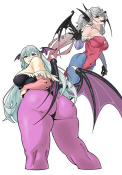 2girls aigischolar alternate_costume armpits ass bare_shoulders black_horns black_leotard black_wings blue_pantyhose breasts center_opening cosplay darkstalkers demon_girl demon_horns demon_wings elbow_gloves fang fate/grand_order fate_(series) fingerless_gloves fingernails from_behind fur_trim gloves gradient_hair green_eyes green_hair grey_hair head_wings highres horns huge_ass kneepits large_breasts legs leotard lilith_(darkstalkers) lilith_(darkstalkers)_(cosplay) lilith_(fate) long_hair looking_back morgan_le_fay_(fate) morrigan_aensland morrigan_aensland_(cosplay) multicolored_hair multiple_girls name_connection navel pantyhose pink_gloves pink_pantyhose pointy_ears purple_gloves purple_wings red_leotard ribs sharp_fingernails skin_fang smile strapless strapless_leotard thick_thighs thighs wings