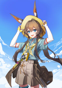 1girl absurdres amiya_(arknights) animal_ears aqua_shirt arknights blue_eyes blue_sky brown_hair brown_shorts camera chinese_commentary collared_shirt commentary cowboy_shot detached_sleeves ears_through_headwear fenglai_thewind hair_between_eyes hands_on_headwear hat highres jewelry long_hair multiple_rings open_collar open_mouth ring shirt shorts sky smile solo standing thighlet white_sleeves yellow_hat