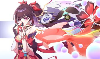 Rule 34 | 1girl, absurdres, bare shoulders, breasts, brown hair, chest tattoo, choker, cleavage, closed mouth, collarbone, commentary request, compass, fish, flower, flower tattoo, fox mask, gloves, goldfish, highres, holding, holding mask, honkai: star rail, honkai (series), japanese clothes, kimono, long hair, looking at viewer, mask, medium breasts, mole, mole under each eye, mole under eye, multiple moles, pink eyes, red choker, red eyes, red flower, red gloves, red kimono, red ribbon, ribbon, sameyan, smile, solo, sparkle (honkai: star rail), tattoo, tongue, tongue out, twintails, unworn mask, very long hair