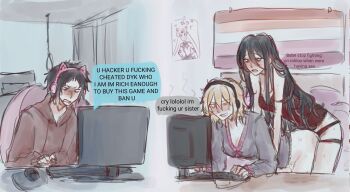 1boy 2girls akutagawa_gin akutagawa_ryuunosuke_(bungou_stray_dogs) animal_ear_headphones animal_ears beren_(ukeatsu) bishoujo_senshi_sailor_moon black_camisole black_eyes black_hair blonde_hair blush bottomless breasts brown_hoodie bungou_stray_dogs camisole cat_ear_headphones cat_ears character_request cleavage commentary computer_keyboard computer_mouse dildo distracted english_commentary english_text fake_animal_ears grey_sweater headphones highres higuchi_ichiyou_(bungou_stray_dogs) hood hoodie lesbian_flag mole mole_under_eye monitor multiple_girls multitasking noose open_mouth orange_eyes poster_(object) pussy_juice sailor_moon sex_toy short_hair speech_bubble strap-on sweat sweater yuri