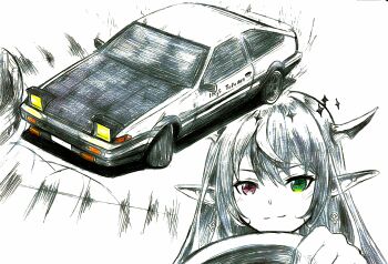 absurdres car carbonated_love_(hololive) drifting from_above fujiwara_takumi's_toyota_trueno_ae86 glowing green_eyes hachiroku_(maitetsu) hair_behind_ear heterochromia highres hololive hololive_english horns initial_d irys_(hololive) long_pointy_ears motor_vehicle parody pointy_ears pop-up_headlights red_eyes shifuto smile toyota toyota_86 toyota_sprinter_trueno vehicle_focus virtual_youtuber