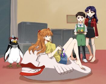 Rule 34 | 1boy, 2girls, angel (evangelion), apron, barefoot, bird, black dress, black hair, black pants, blue eyes, blue shirt, blue shorts, breasts, collared shirt, commentary request, cropped jacket, crt, cup, dress, food in mouth, full body, furrowed brow, green apron, hair between eyes, half updo, headgear, highres, holding, holding tray, ikari shinji, indoors, interface headset (evangelion), jacket, katsuragi misato, long hair, medium breasts, multiple girls, neon genesis evangelion, orange hair, pants, parted bangs, penguin, penpen, purple hair, red jacket, shirt, short dress, short hair, shorts, socks, souryuu asuka langley, sweatdrop, tray, twintails, unihotate0329, white shirt, white socks, yellow shirt