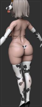 1girl 3d a-pose absurdres animal_ears animal_print ass backboob bell bikini black_background black_shoes breasts brown_dust_(series) brown_dust_2 butt_crack cow_ears cow_horns cow_print cow_print_bikini cow_print_gloves cow_print_thighhighs cowbell ear_tag from_behind gloves grey_hair highres horns large_breasts meffius mole mole_on_breast neck_bell print_bikini print_gloves print_thighhighs shoes short_hair simple_background solo swimsuit teresse_(brown_dust) thighhighs