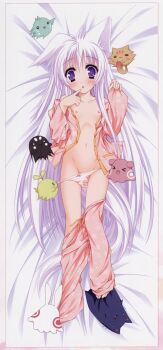 &gt;_&lt; 00s 1girl :3 :d :o =_= absurdres animal_ears assisted_exposure bare_shoulders barefoot bed_sheet blob blush bow bow_panties buttons closed_eyes clothes_pull collarbone creature dakimakura_(medium) female_focus finger_to_mouth flat_chest floral_print fox_ears fox_tail framed from_above full_body groin highres indoors light_purple_hair loli long_hair long_sleeves looking_at_viewer lying mito_mashiro moekibara_fumitake navel nipples no_bra o_o off_shoulder official_art on_back on_bed open_clothes open_mouth open_pajamas open_shirt pajamas pajamas_pull panties pants pants_pull panty_pull pocket purple_eyes scan shirt sleeves_past_wrists smile solo surprised tail tayutai tayutama unbuttoned underwear undressing very_long_hair white_hair white_panties wide-eyed