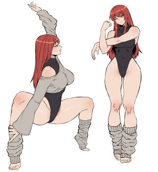 absurdres arm_up bare_shoulders black_leotard breasts cameltoe chainsaw_man clenched_hand commentary english_commentary eyes_visible_through_hair full_body grey_leg_warmers hair_between_eyes heattech_leotard highres leg_grab leg_warmers legs_together leotard long_hair looking_at_viewer looking_to_the_side makima_(chainsaw_man) mg991998 midriff one_eye_closed outstretched_crossed_arms red_hair squatting standing stretching thigh_gap tiptoes toes toned toned_female turtleneck wide_hips yellow_eyes