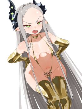 1girl absurdres bikini black_horns breasts cws3k earrings forehead gloves goddess_of_victory:_nikke gold_bikini gold_choker gold_gloves gold_thighhighs golden_week green_eyes grey_hair highres horns jewelry leviathan_(nikke) long_hair nipple_slip nipples open_mouth piercing pointy_ears pubic_tattoo slingshot_swimsuit small_breasts swimsuit tattoo thick_thighs thighhighs thighs tongue_piercing