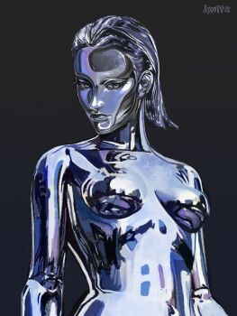 1girl black_background breasts colored_skin eyelashes fantastic_four grey_eyes grey_skin hair_slicked_back highres looking_at_viewer lyn1tx marvel mature_female medium_breasts metal_skin shiny_skin short_hair signature silver_skin silver_surfer_(shalla-bal) simple_background solo the_fantastic_four:_first_steps twitter_username wide_hips