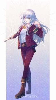 1girl armband boots breasts brown_boots collared_shirt commentary_request commission crossed_legs dress_shirt full_body green_eyes grey_hair hair_between_eyes hand_up highres holding ittokyu jacket long_hair long_sleeves looking_at_viewer open_clothes open_jacket original pants parted_lips purple_jacket purple_pants sheath shirt skeb_commission small_breasts solo standing very_long_hair watermark white_shirt