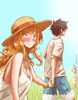 Rule 34 | 1boy, 1girl, a mimishi, black hair, blush, bracelet, breasts, cleavage, commentary, dated, fur-trimmed shorts, fur trim, grin, hat, hetero, highres, holding hands, jewelry, long hair, looking at viewer, monkey d. luffy, nami (one piece), one piece, orange hair, outdoors, shirt, short sleeves, shorts, signature, sleeveless, sleeveless shirt, smile, straw hat, sweatdrop, t-shirt, white shirt