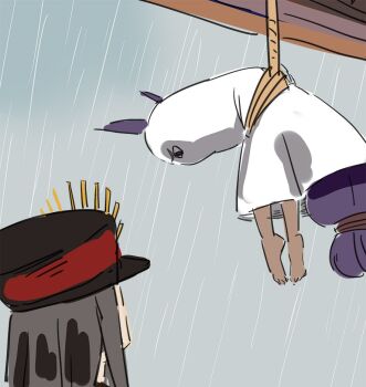 2girls angry bad_id bad_twitter_id club3 dark-skinned_female dark_skin fate/grand_order fate_(series) hanging hat koha-ace long_hair low-tied_long_hair medjed_(fate) multiple_girls nitocris_(fate) nitocris_(fate/grand_order) nitocris_(swimsuit_assassin)_(fate) nitocris_(swimsuit_assassin)_(first_ascension)_(fate) oda_nobunaga_(fate) oda_nobunaga_(koha-ace) peaked_cap purple_hair rain teruterubouzu