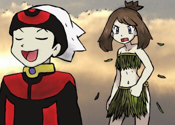 1girl amayzing2002 angry arm_at_side armpit_crease bikini black_hair blue_eyes brendan_(pokemon) brown_hair clenched_hand cloud cloudy_sky collarbone eyelashes fangs flat_chest grass_skirt hat highres knees leaf_bikini legs looking_at_another may_(pokemon) medium_hair midriff navel neck nintendo no_bra no_panties official_alternate_costume open_mouth outdoors pokemon pokemon_adventures revealing_clothes short_hair sidelocks sky smug standing stomach swept_bangs thighs tomboy topknot v-shaped_eyebrows