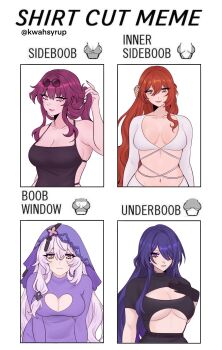 4girls absurdres acheron_(honkai:_star_rail) arm_up black_dress black_gloves black_shirt black_swan_(honkai:_star_rail) blue_hair breasts cleavage_cutout closed_mouth clothing_cutout collarbone commentary dark_blue_hair dress english_commentary english_text expressionless eyelashes eyewear_on_head flower gloves hair_between_eyes hair_flower hair_intakes hair_ornament hair_over_one_eye hand_on_own_chest heart_cutout highres himeko_(honkai:_star_rail) holding holding_own_hair honkai:_star_rail honkai_(series) kafka_(honkai:_star_rail) kwahsyrup large_breasts leaning_forward lips long_hair long_sleeves looking_at_viewer mature_female medium_hair midriff multicolored_eyes multiple_drawing_challenge multiple_girls navel orange_eyes pink_eyes pink_lips ponytail purple_dress purple_eyes purple_hair purple_hood red_hair red_lips rose shirt shirt_cut_meme short_sleeves sidelocks simple_background smile stomach_cutout sunglasses twitter_username two-tone_eyes underboob underboob_cutout upper_body very_long_hair white_background white_hair white_shirt white_sleeves yellow_eyes